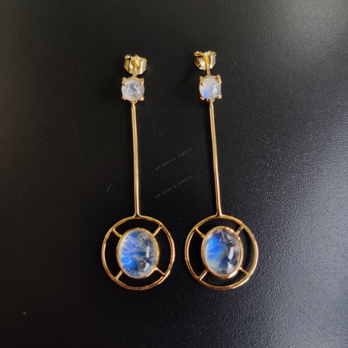 14K Solid Yellow Gold Natural Rainbow Moonstone Drop Earrings, June Birthstone