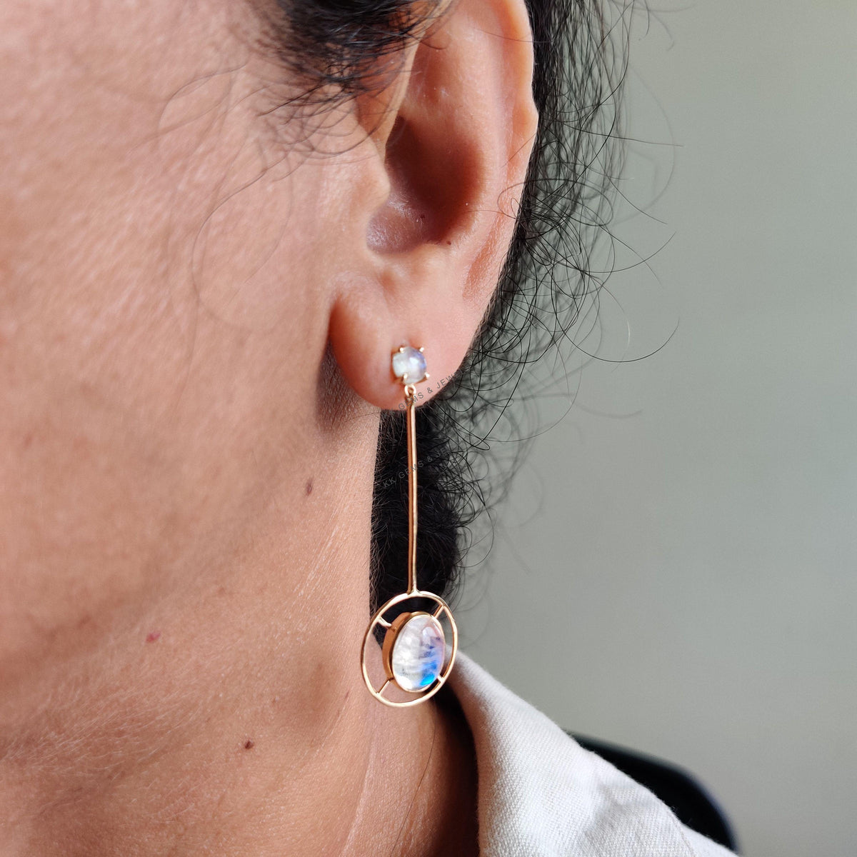 14K Solid Yellow Gold Natural Rainbow Moonstone Drop Earrings, June Birthstone
