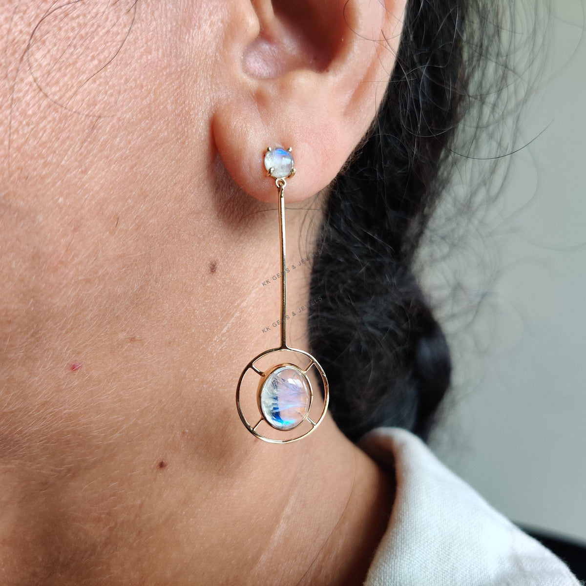 14K Solid Yellow Gold Natural Rainbow Moonstone Drop Earrings, June Birthstone