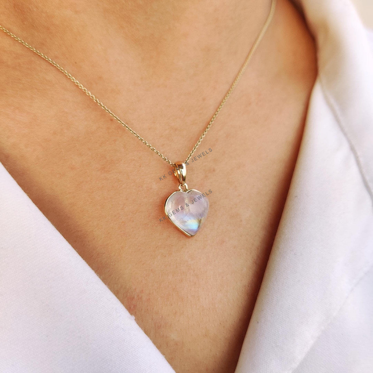 14K Solid Gold Natural Rainbow Moonstone Heart Pendant, June Birthstone