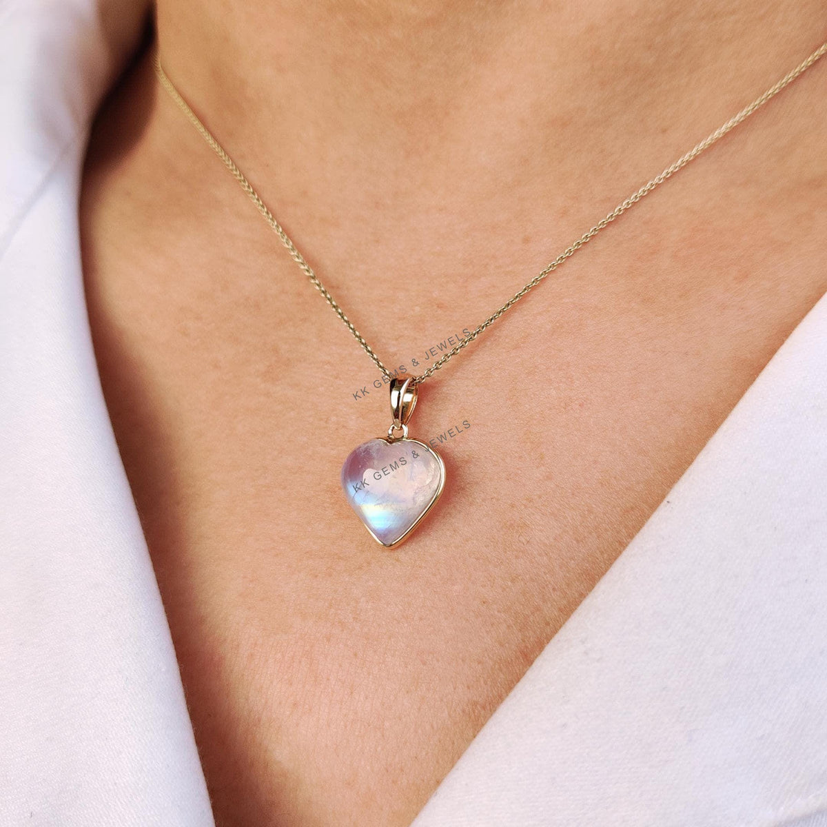 14K Solid Gold Natural Rainbow Moonstone Heart Pendant, June Birthstone