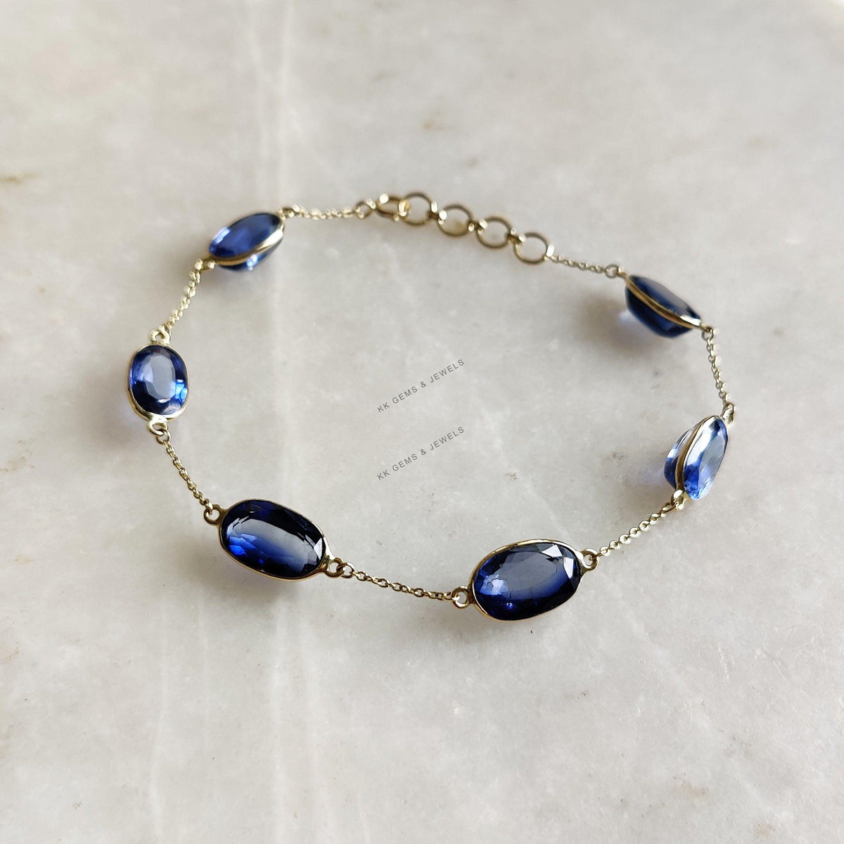 14K Solid Gold Natural Kyanite Bracelet: September Birthstone Jewelry