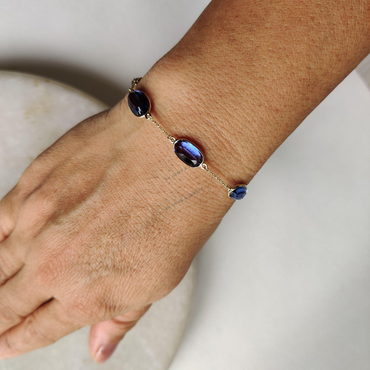 14K Solid Gold Natural Kyanite Bracelet: September Birthstone Jewelry