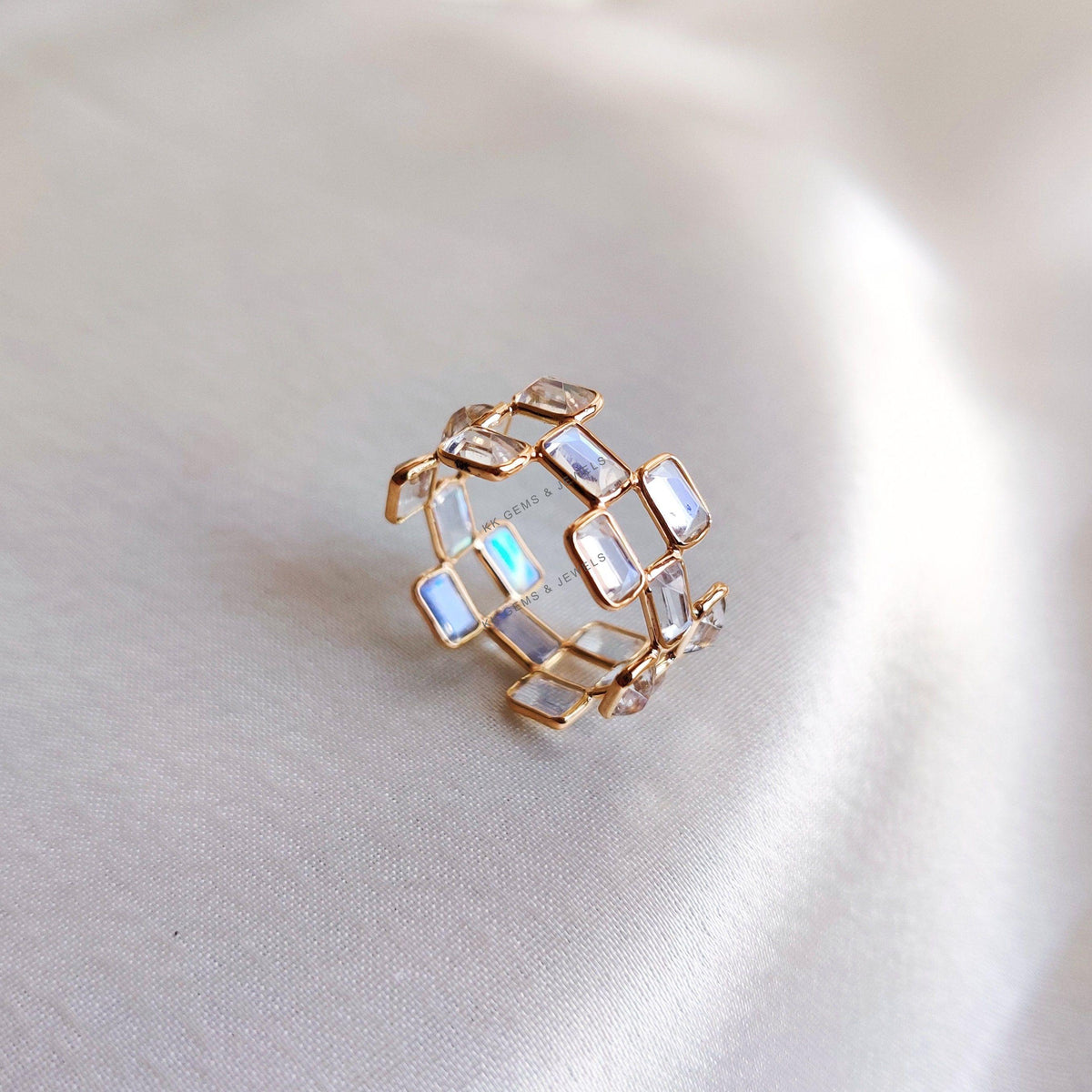 Natural Rainbow Moonstone Eternity Ring, 14K Solid Yellow Gold Bezel Ring, June Birthstone, Christmas Present