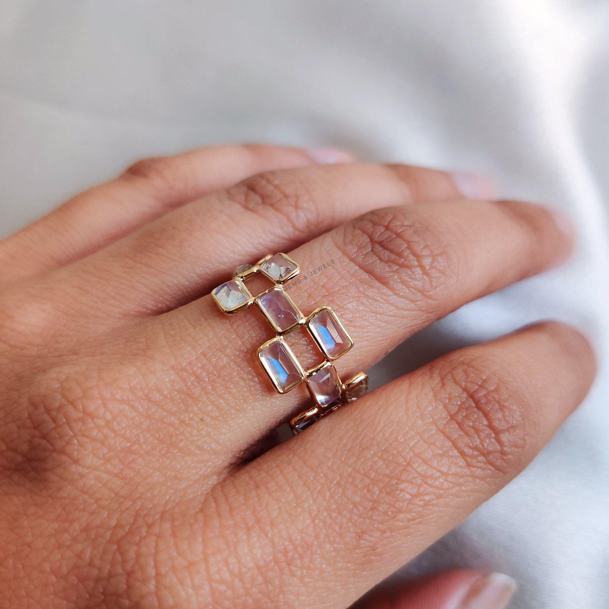 Natural Rainbow Moonstone Eternity Ring, 14K Solid Yellow Gold Bezel Ring, June Birthstone, Christmas Present