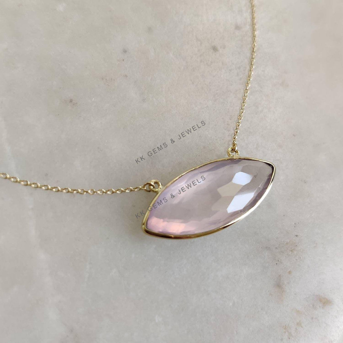 14K Solid Yellow Gold Natural Rose Quartz Marquise Chain Necklace, January Birthstone, Christmas Present