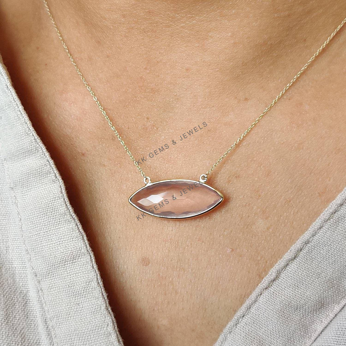 14K Solid Yellow Gold Natural Rose Quartz Marquise Chain Necklace, January Birthstone, Christmas Present