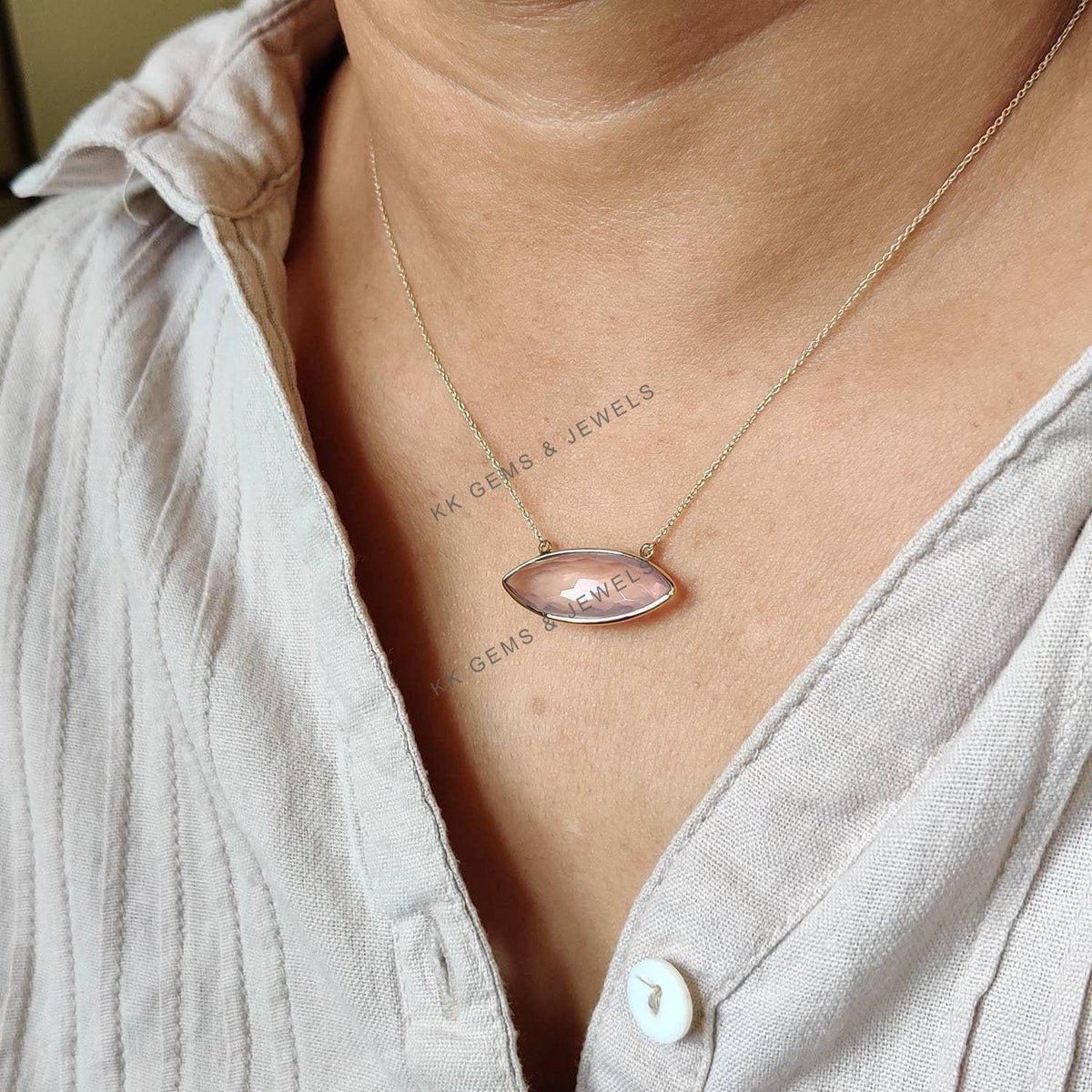 14K Solid Yellow Gold Natural Rose Quartz Marquise Chain Necklace, January Birthstone, Christmas Present