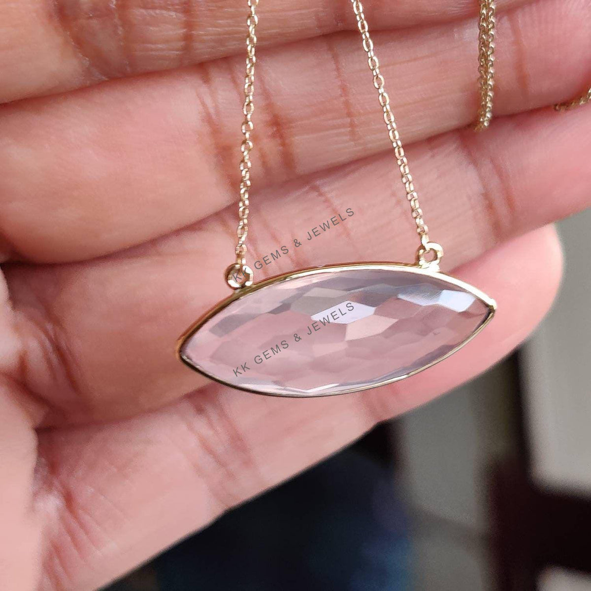 14K Solid Yellow Gold Natural Rose Quartz Marquise Chain Necklace, January Birthstone, Christmas Present