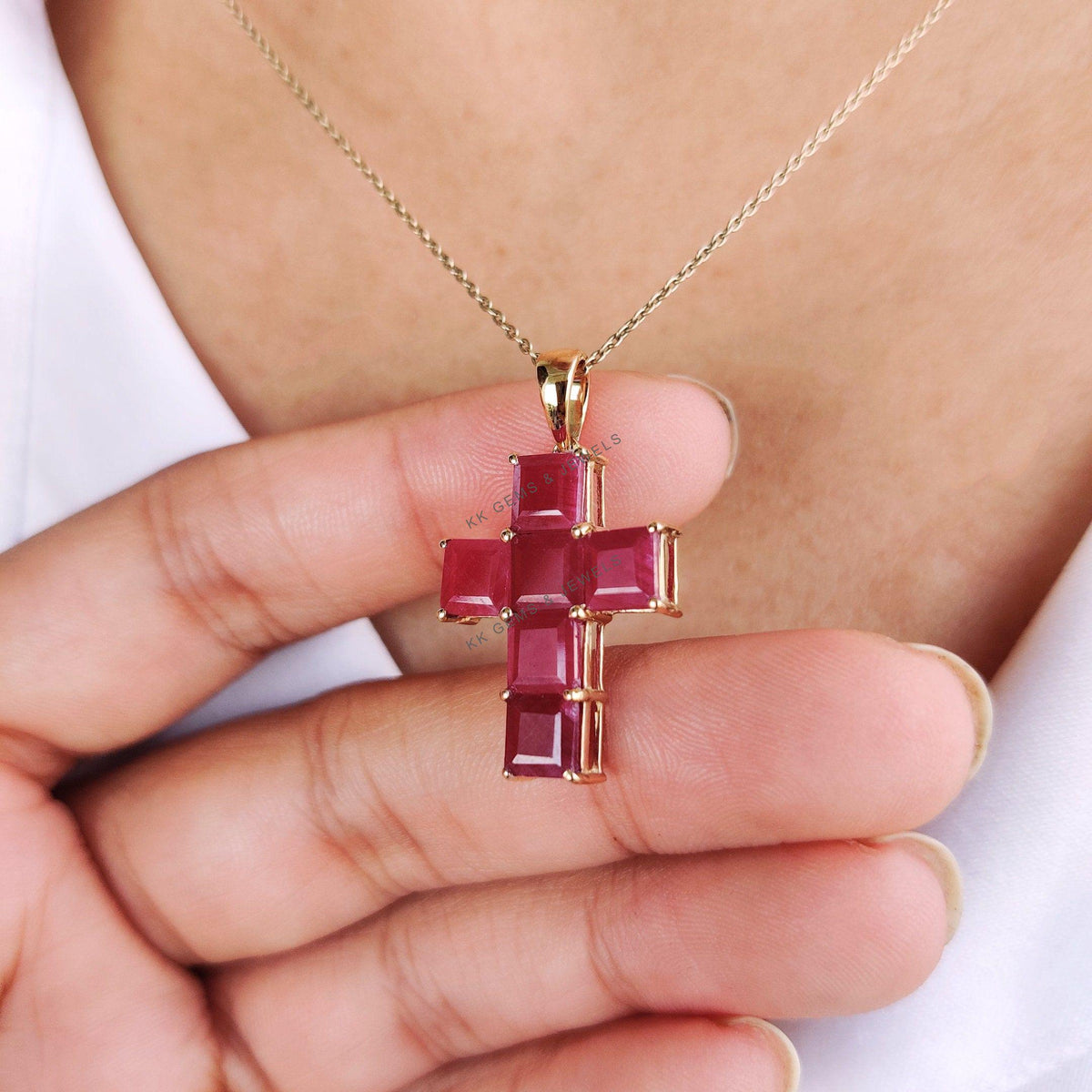 Natural Ruby Pendant, 14K Solid Yellow Gold Holy Cross Pendant, July Birthstone