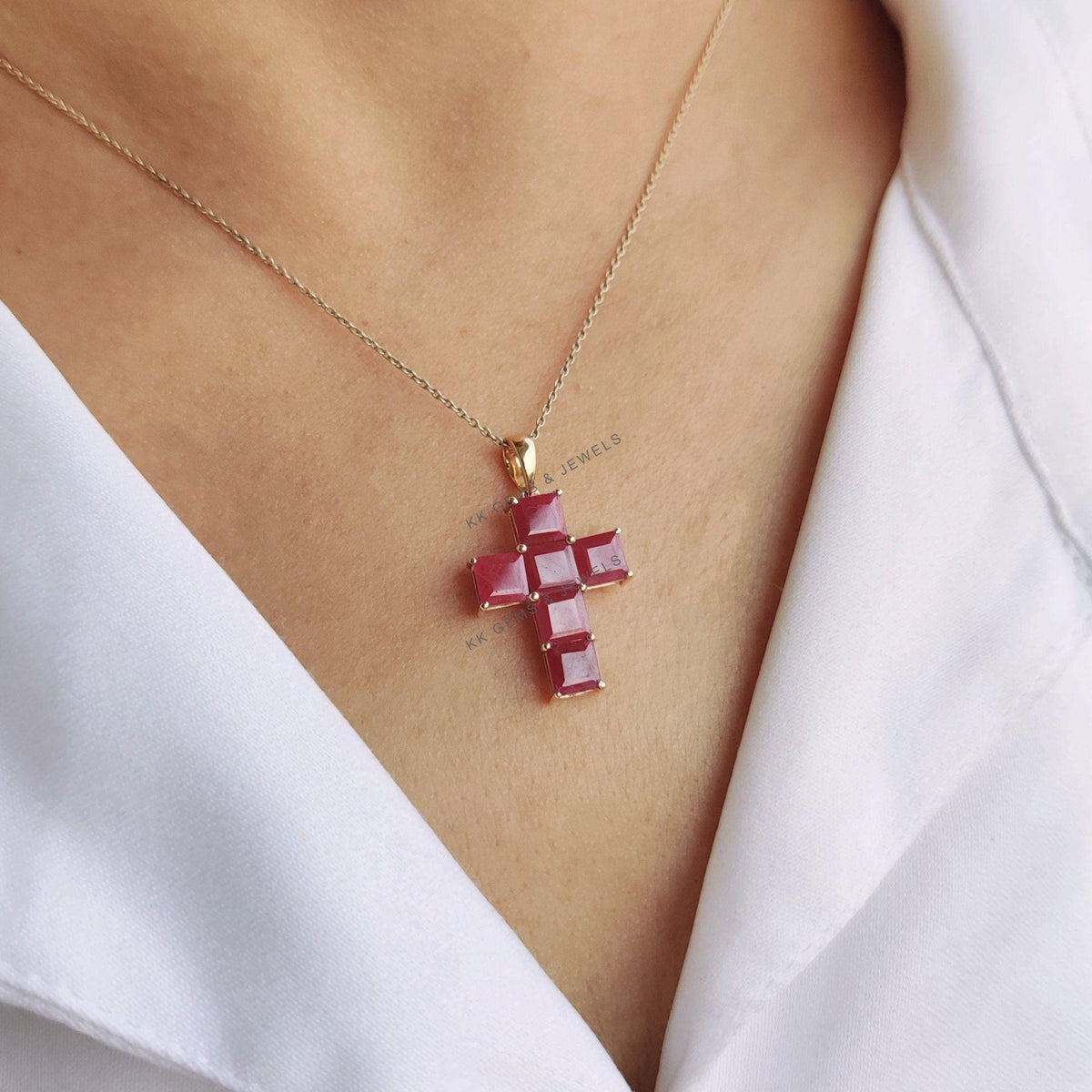 Natural Ruby Pendant, 14K Solid Yellow Gold Holy Cross Pendant, July Birthstone