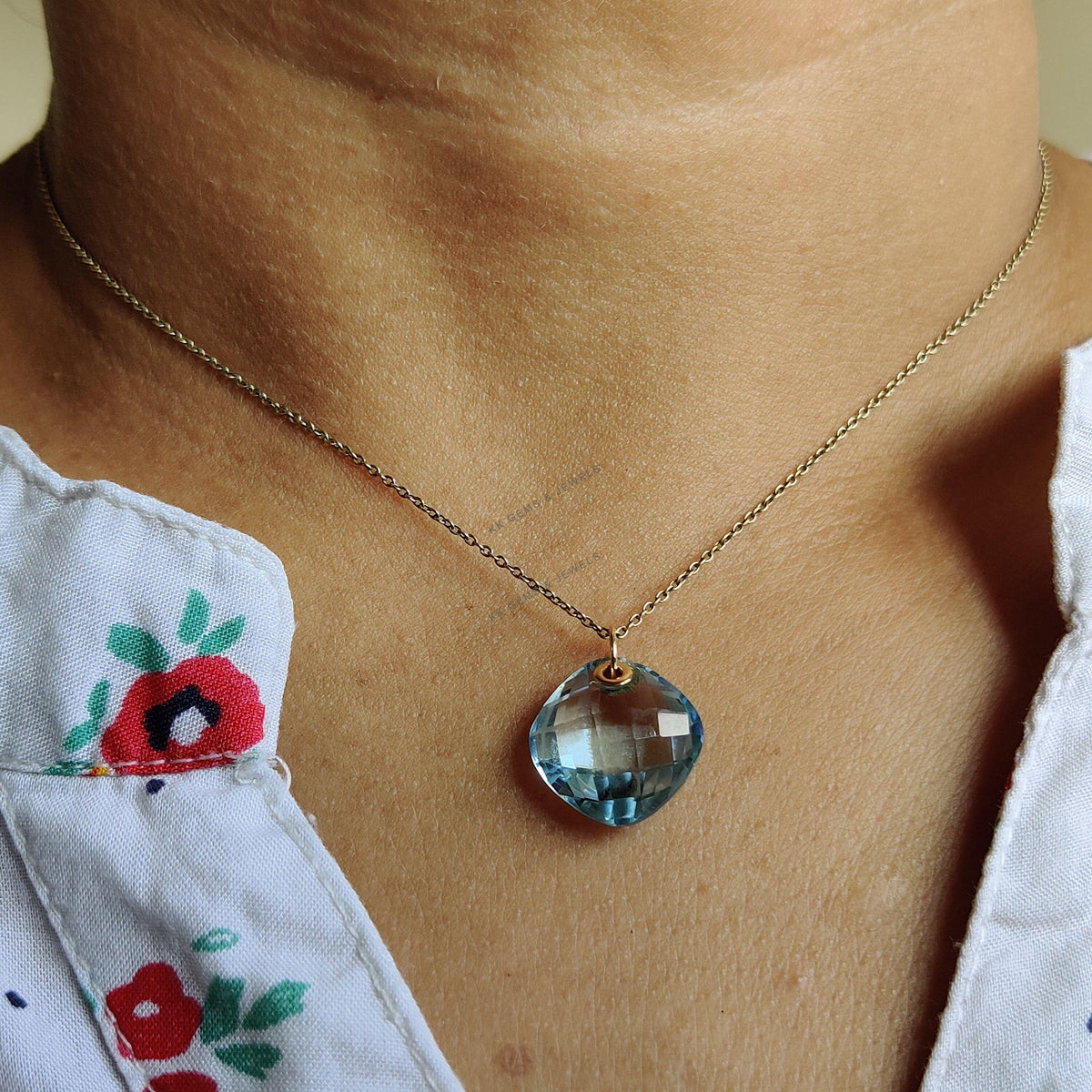 14K Solid Gold Natural Sky Blue Topaz Drill Pendant, December Birthstone
