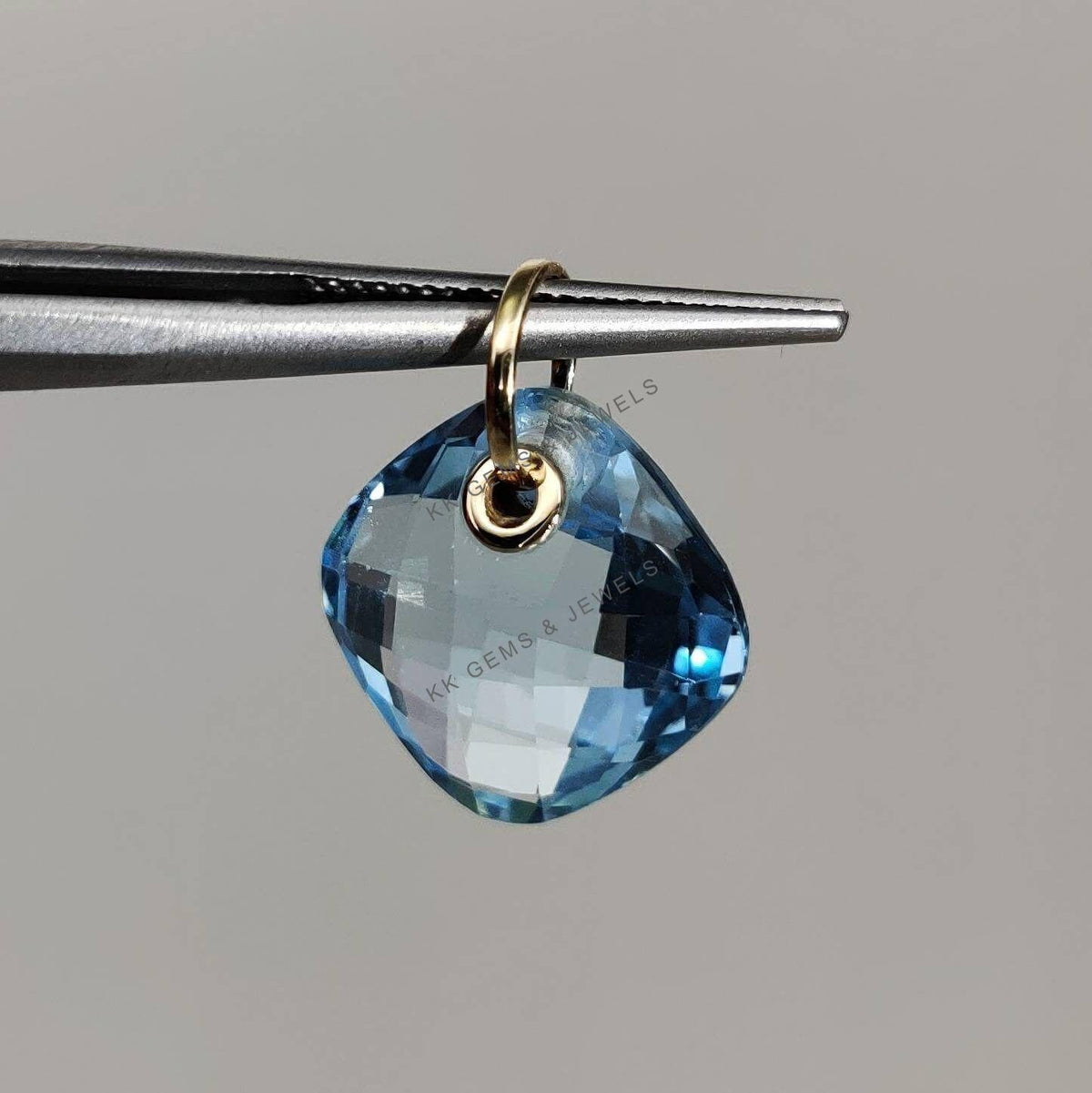 14K Solid Gold Natural Sky Blue Topaz Drill Pendant, December Birthstone