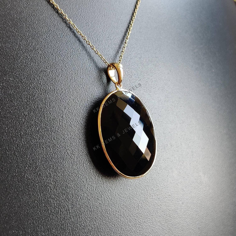 14K Solid Yellow Gold Natural Black Onyx Pendant, Oval Bezel Setting