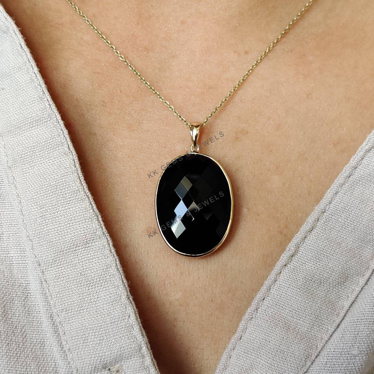 14K Solid Yellow Gold Natural Black Onyx Pendant, Oval Bezel Setting