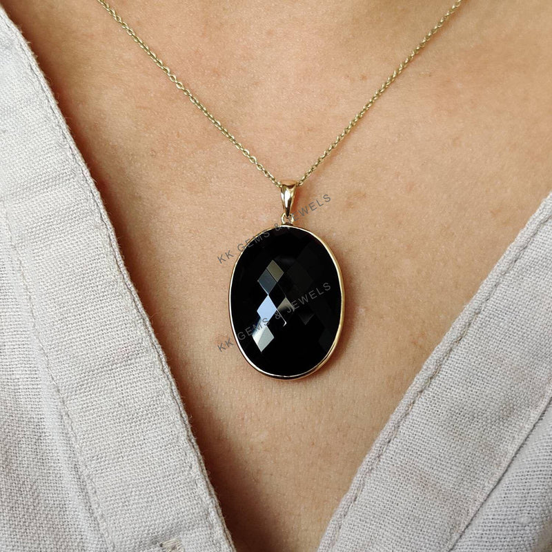 14K Solid Yellow Gold Natural Black Onyx Pendant, Oval Bezel Setting
