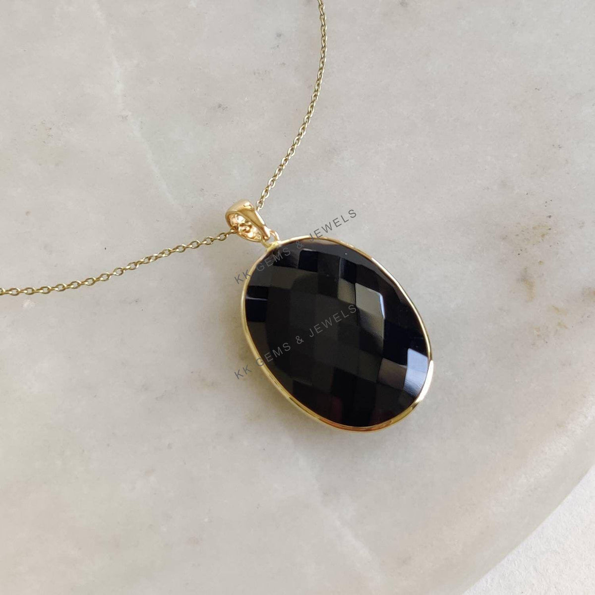 14K Solid Yellow Gold Natural Black Onyx Pendant, Oval Bezel Setting