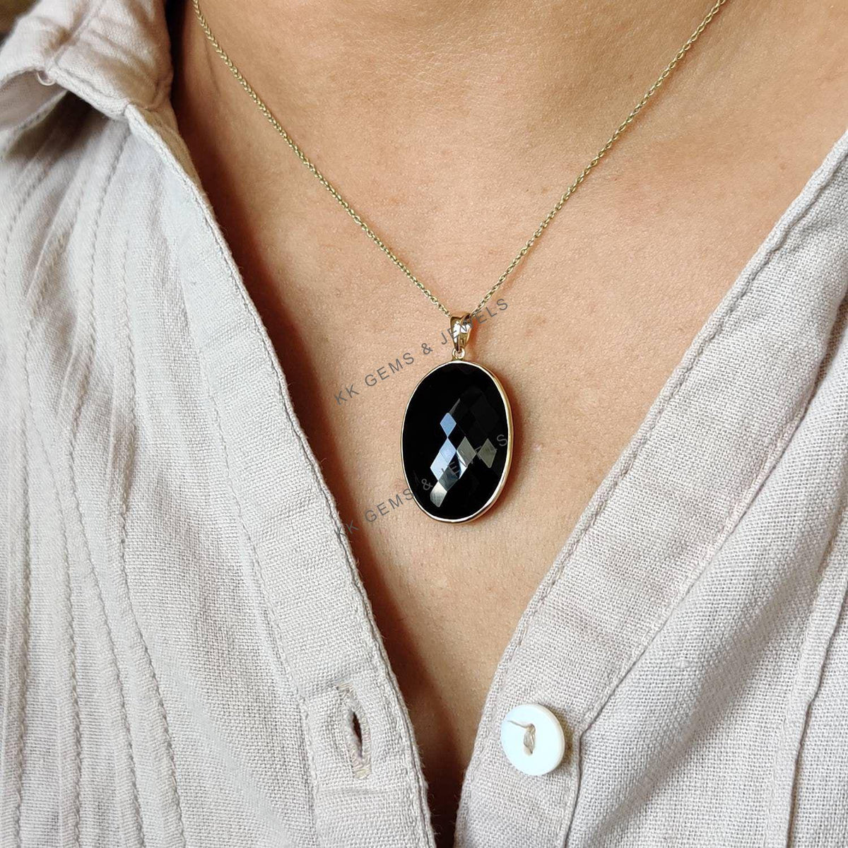 14K Solid Yellow Gold Natural Black Onyx Pendant, Oval Bezel Setting