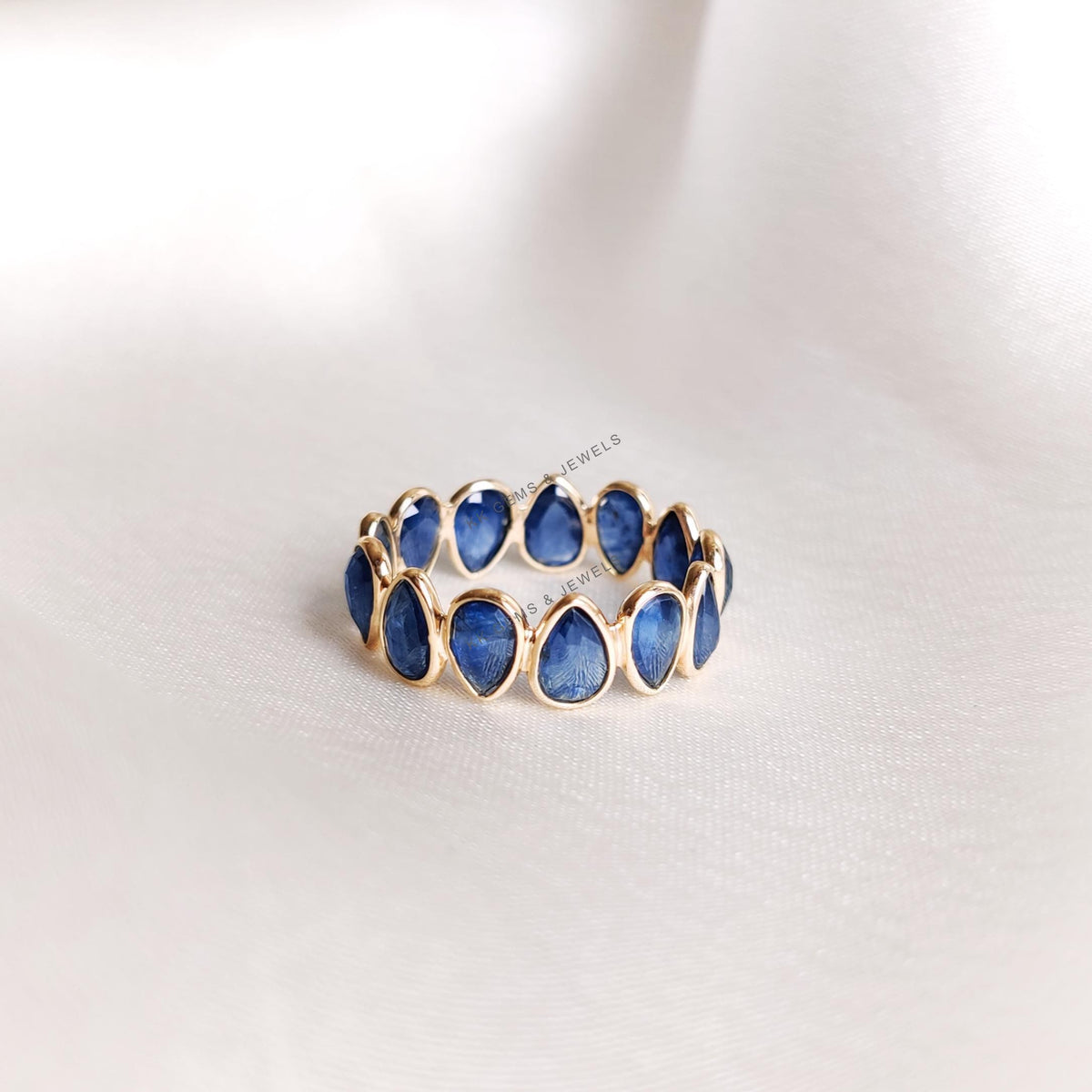 Natural Pear Cut Blue Sapphire Eternity Ring, 14K Solid Yellow Gold, Christmas Gift