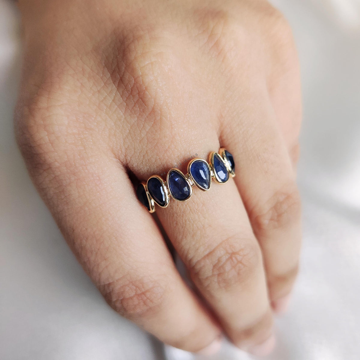 Natural Pear Cut Blue Sapphire Eternity Ring, 14K Solid Yellow Gold, Christmas Gift