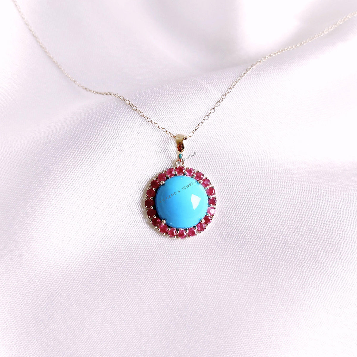Natural Turquoise & Ruby 14K Solid Gold Halo Pendant, December July Birthstone