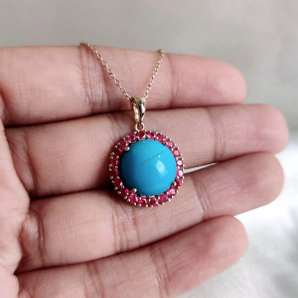 Natural Turquoise & Ruby 14K Solid Gold Halo Pendant, December July Birthstone