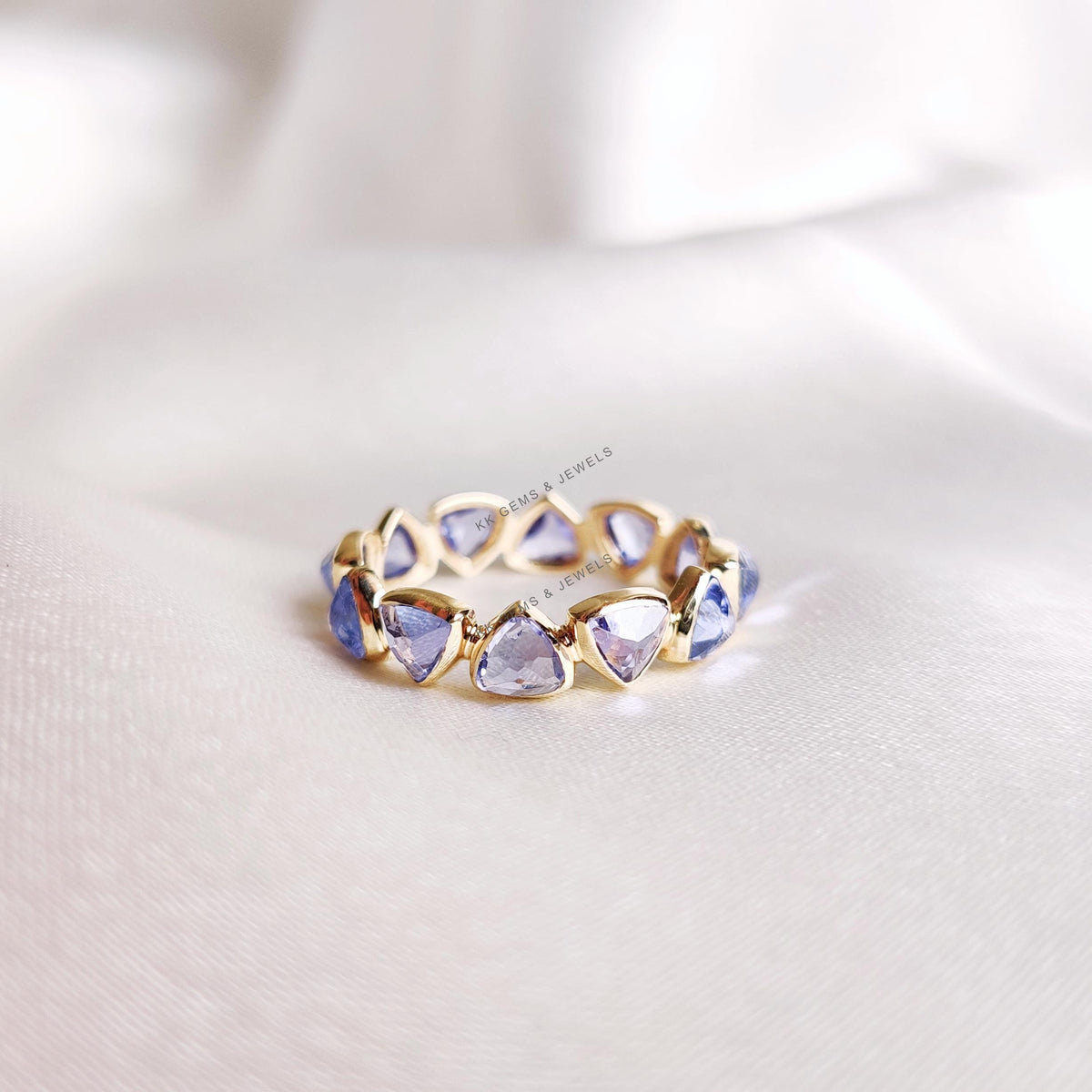 14K Solid Gold Natural Tanzanite Eternity Ring, December Birthstone, Trillion Cut