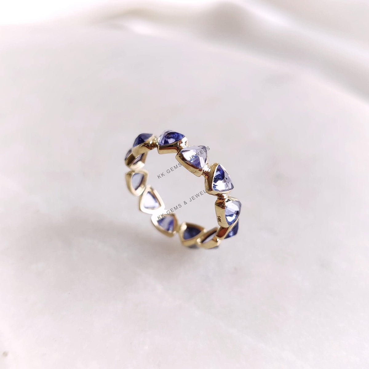 14K Solid Gold Natural Tanzanite Eternity Ring, December Birthstone, Trillion Cut