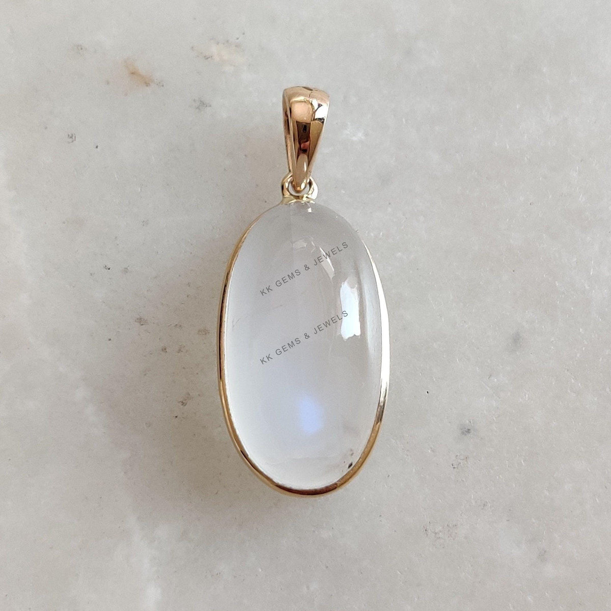 14K Solid Yellow Gold Natural Rainbow Moonstone Oval Pendant , June Birthstone