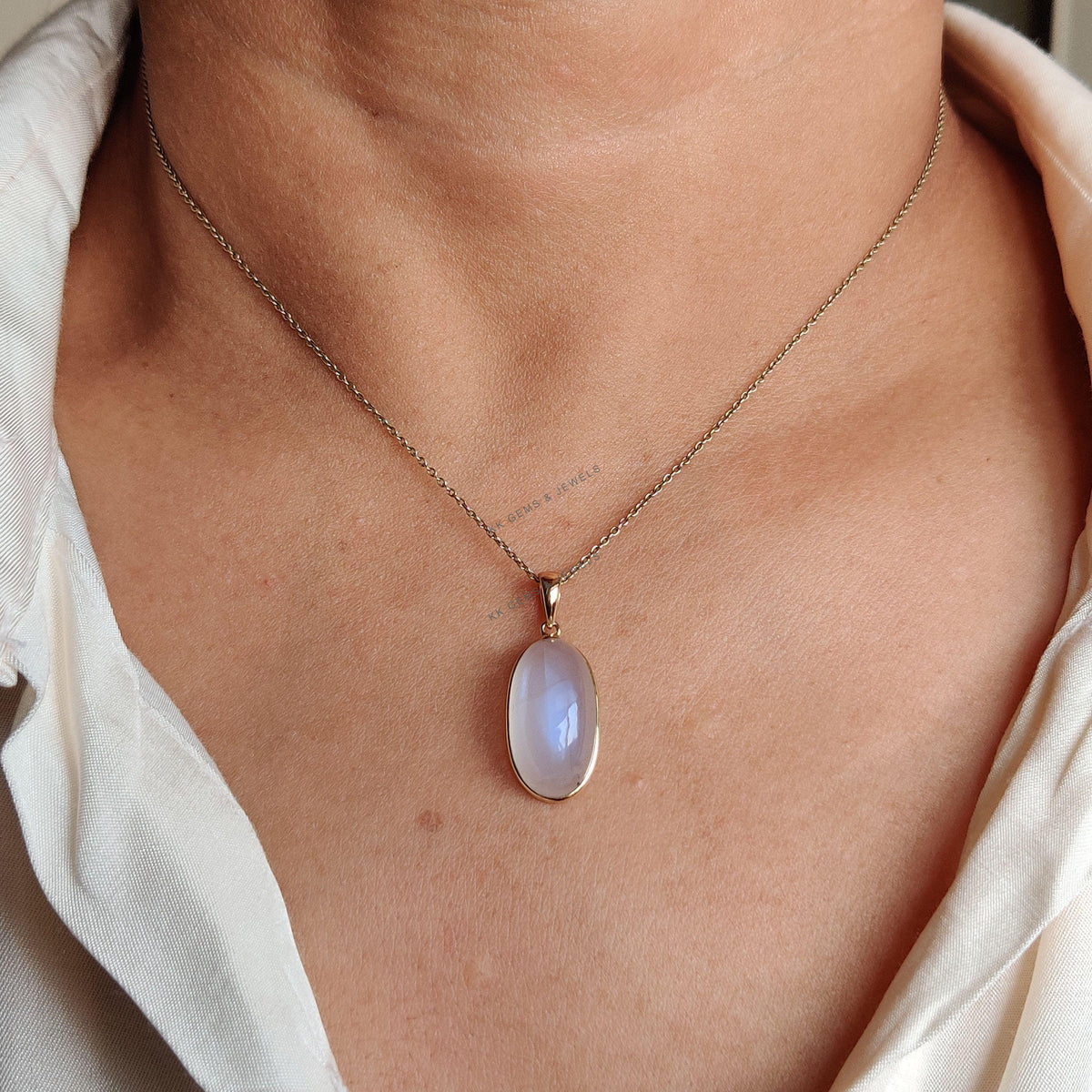 14K Solid Yellow Gold Natural Rainbow Moonstone Oval Pendant , June Birthstone