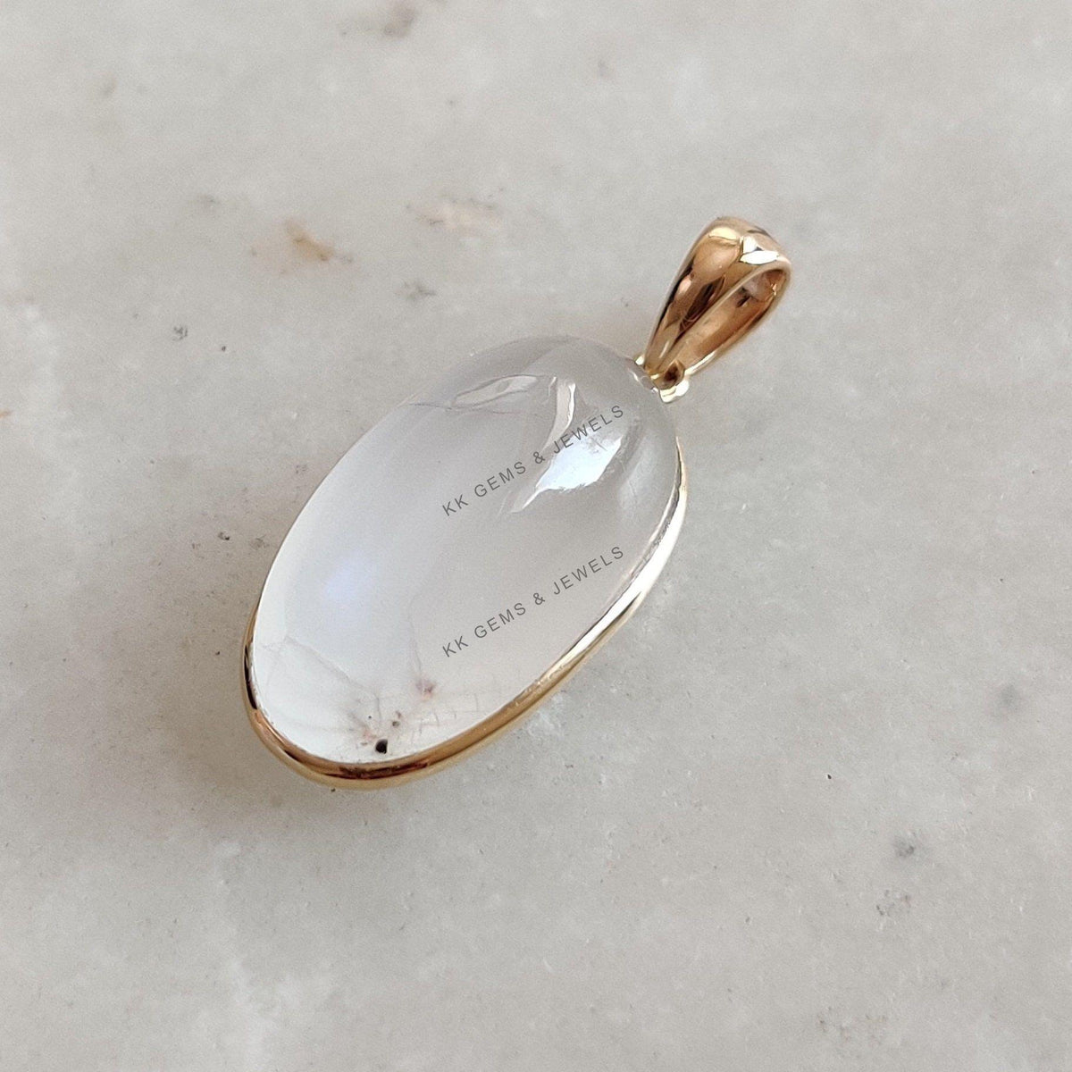 14K Solid Yellow Gold Natural Rainbow Moonstone Oval Pendant , June Birthstone