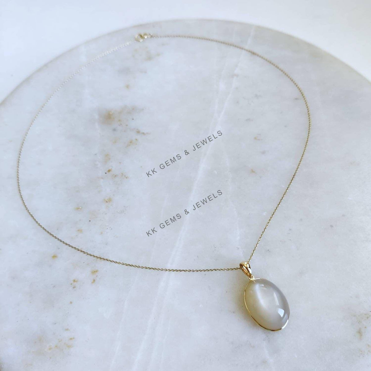 Oval Natural White Moonstone Pendant, 14K Solid Yellow Gold, June Birthstone