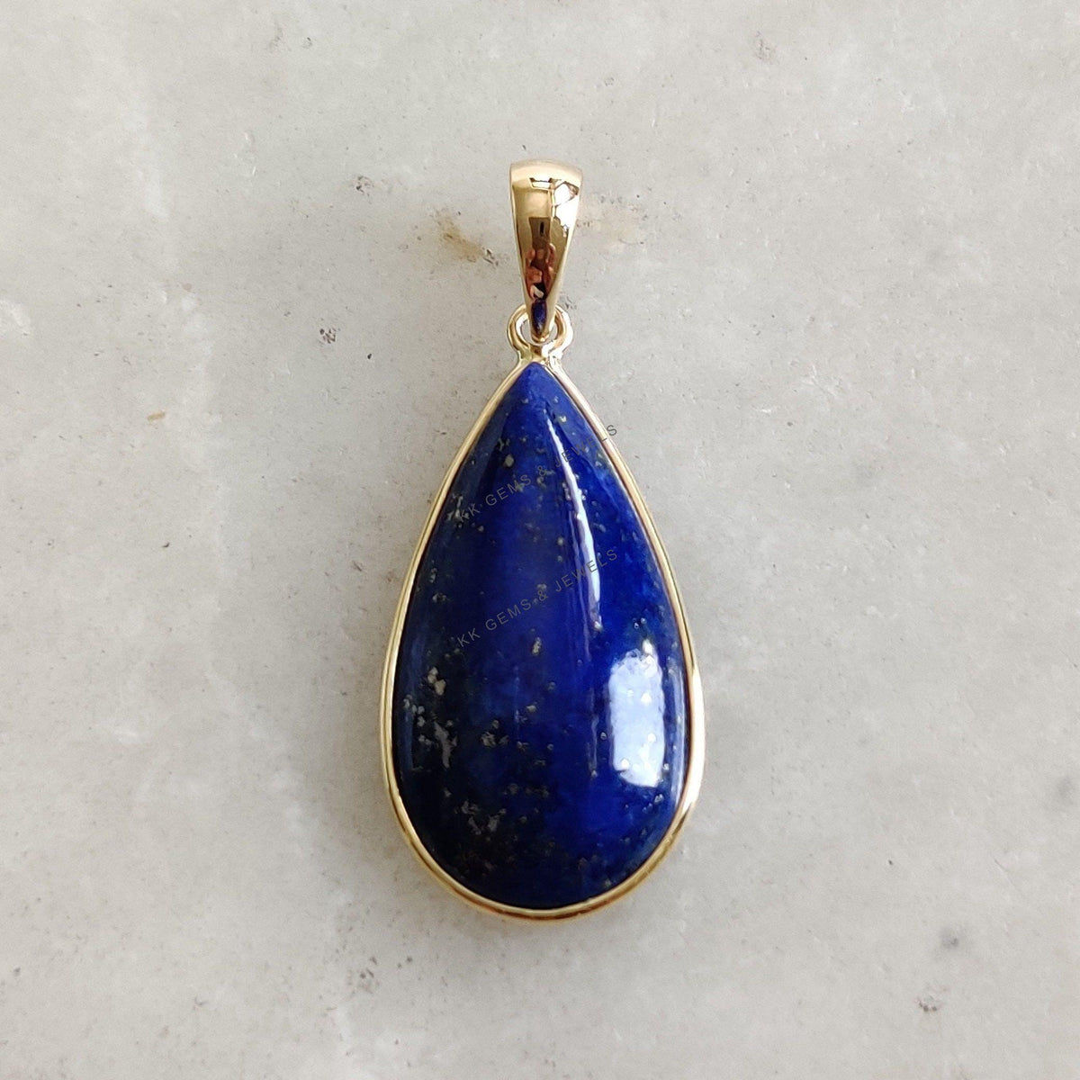 14K Solid Gold Natural Lapis Lazuli Pendant, Pear Cabochon, September Birthstone
