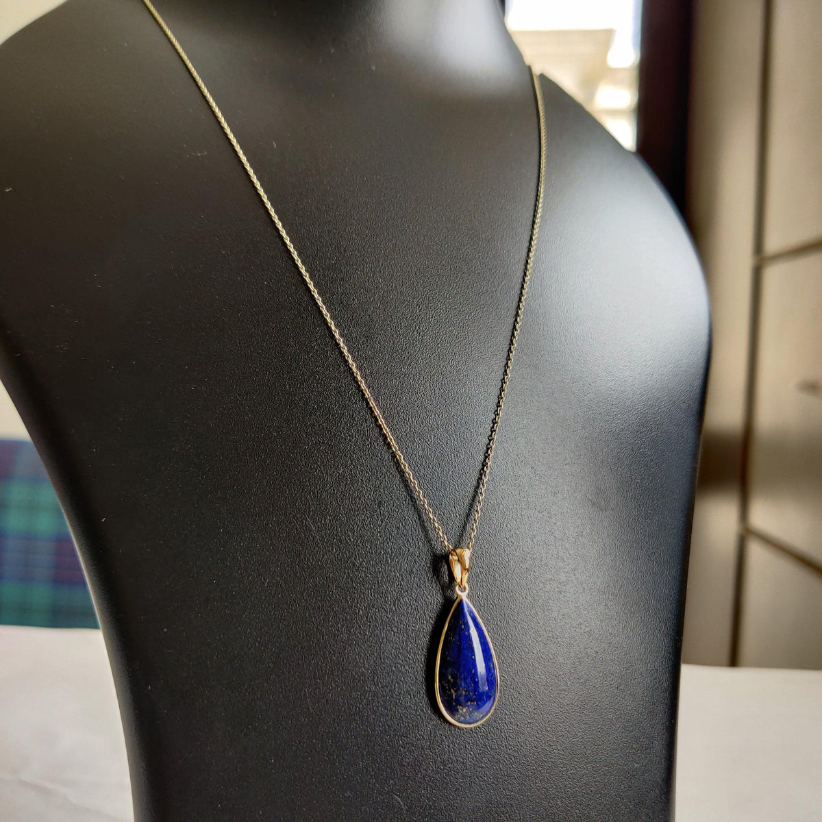 14K Solid Gold Natural Lapis Lazuli Pendant, Pear Cabochon, September Birthstone