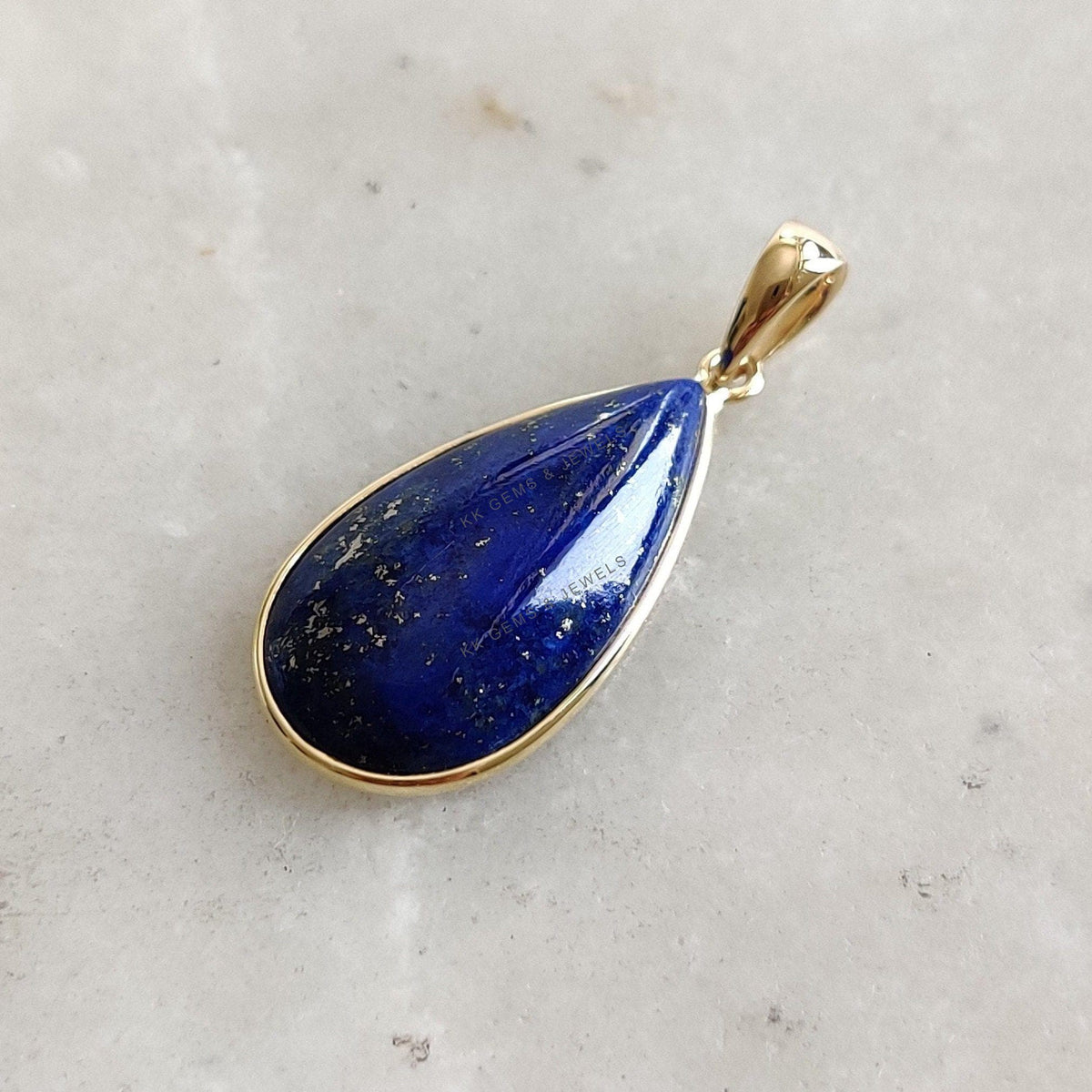 14K Solid Gold Natural Lapis Lazuli Pendant, Pear Cabochon, September Birthstone