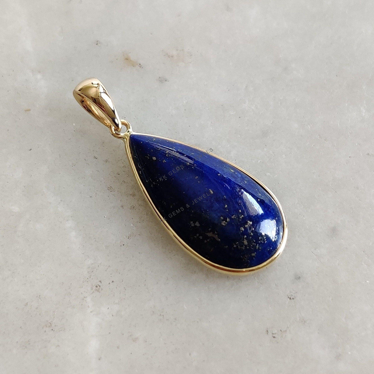 14K Solid Gold Natural Lapis Lazuli Pendant, Pear Cabochon, September Birthstone