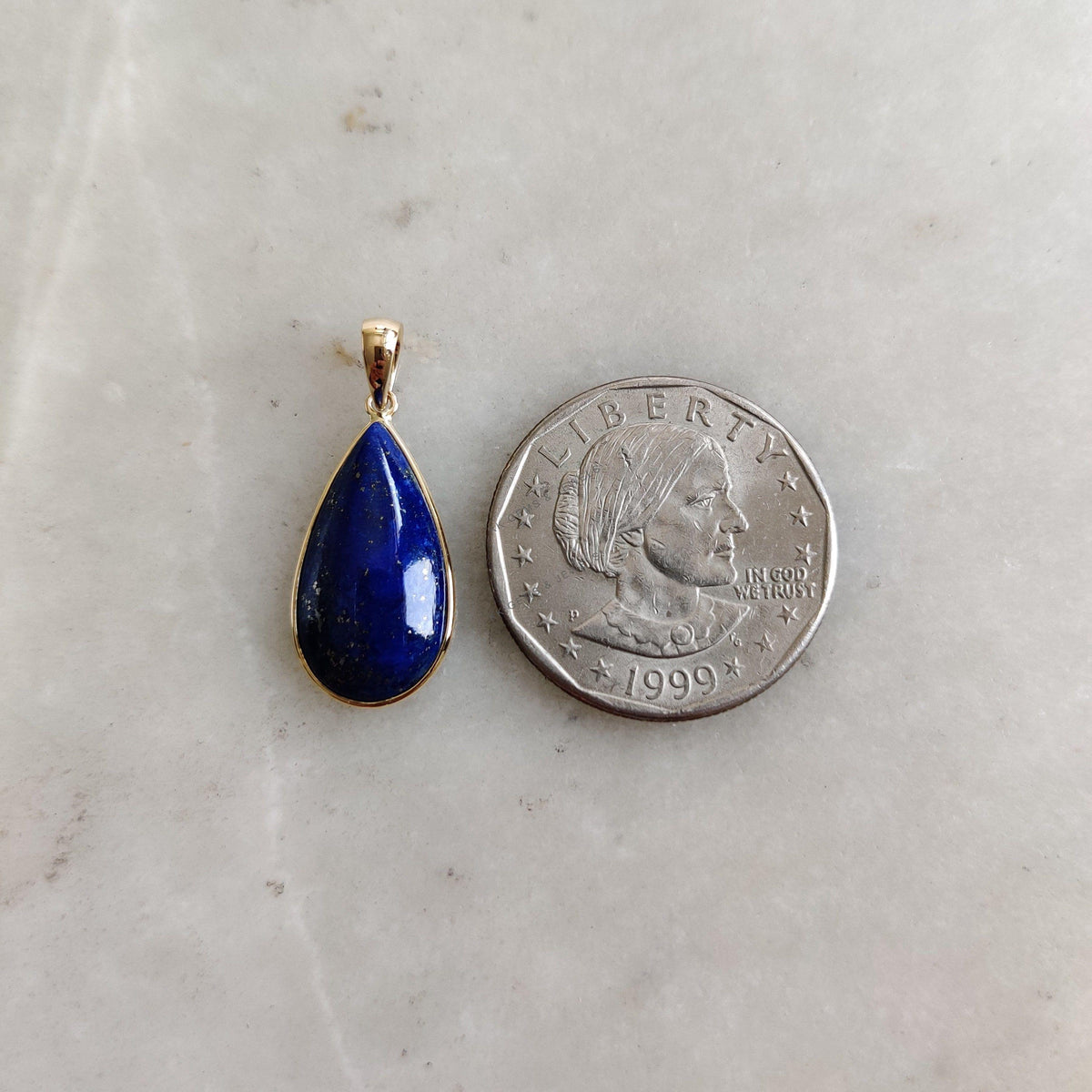 14K Solid Gold Natural Lapis Lazuli Pendant, Pear Cabochon, September Birthstone
