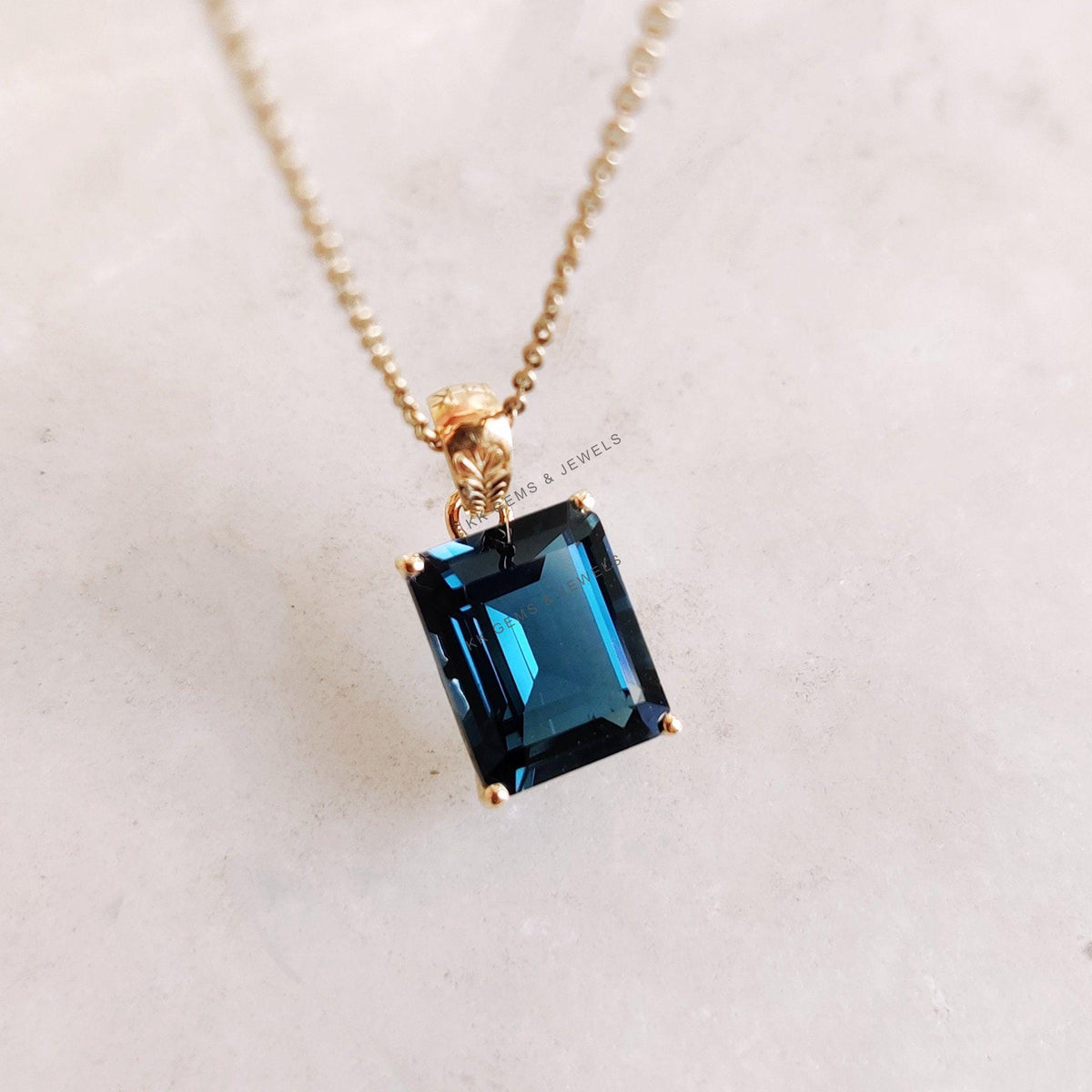 14K Solid Yellow Gold Natural London Blue Topaz Pendant, Emerald Cut