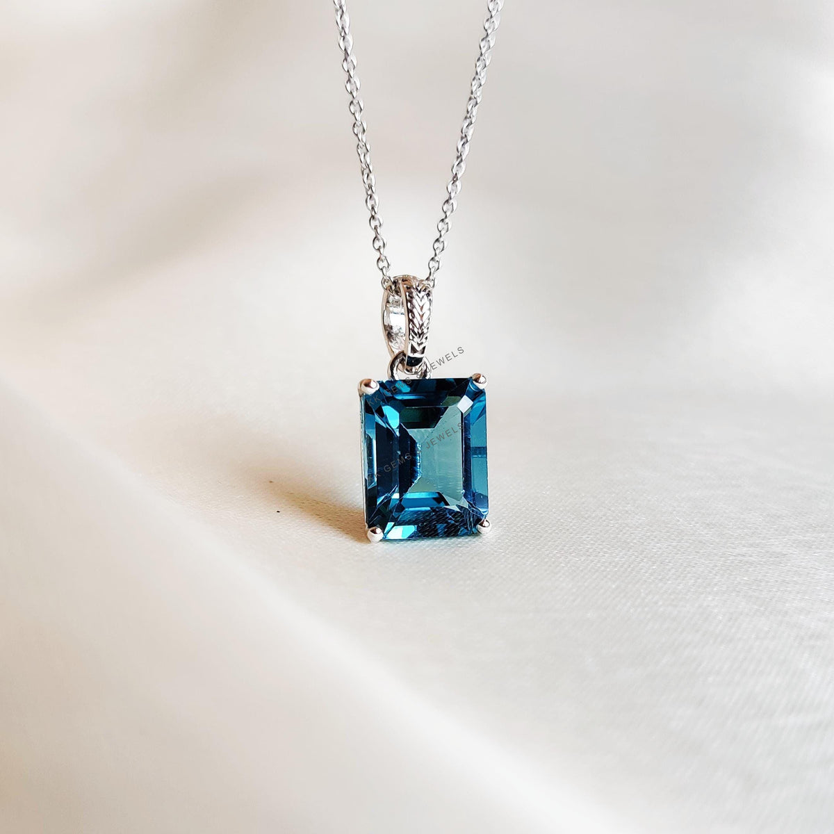 14K Solid Yellow Gold Natural London Blue Topaz Pendant, Emerald Cut