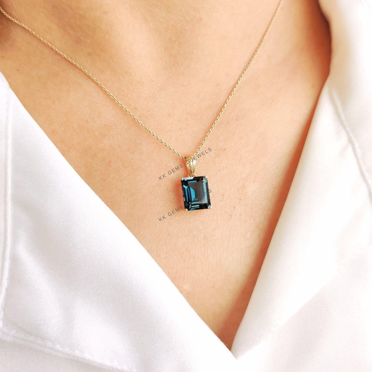 14K Solid Yellow Gold Natural London Blue Topaz Pendant, Emerald Cut