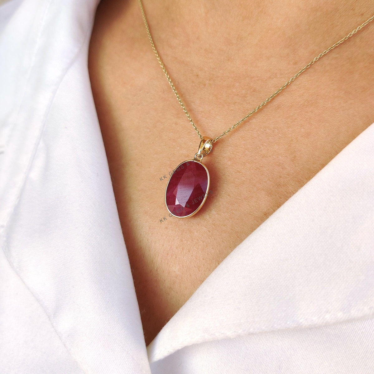 Natural Oval Ruby Pendant, 14K Solid Yellow Gold Bezel, July Birthstone