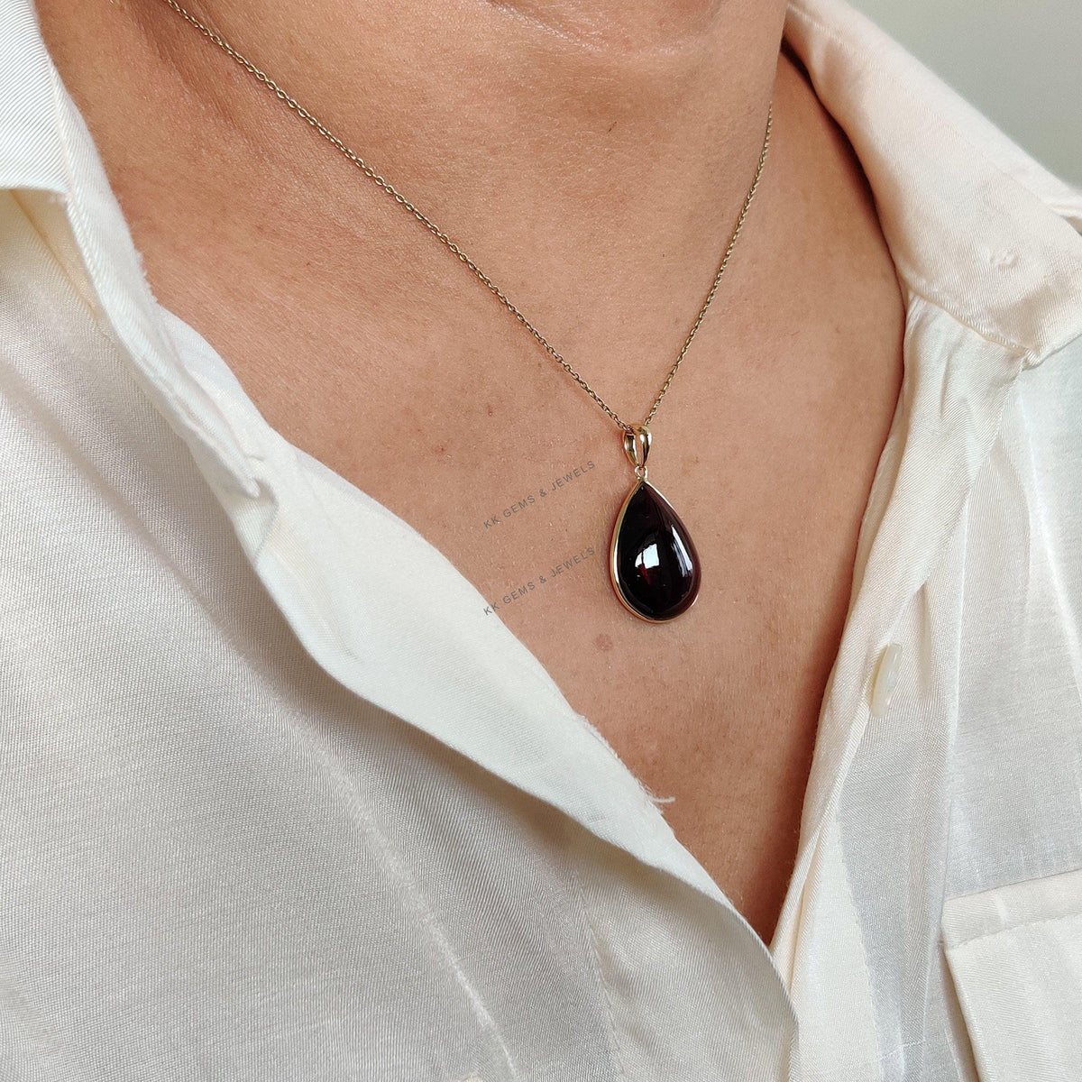 14K Solid Yellow Gold Pear Natural Garnet Bezel Pendant, January Birthstone