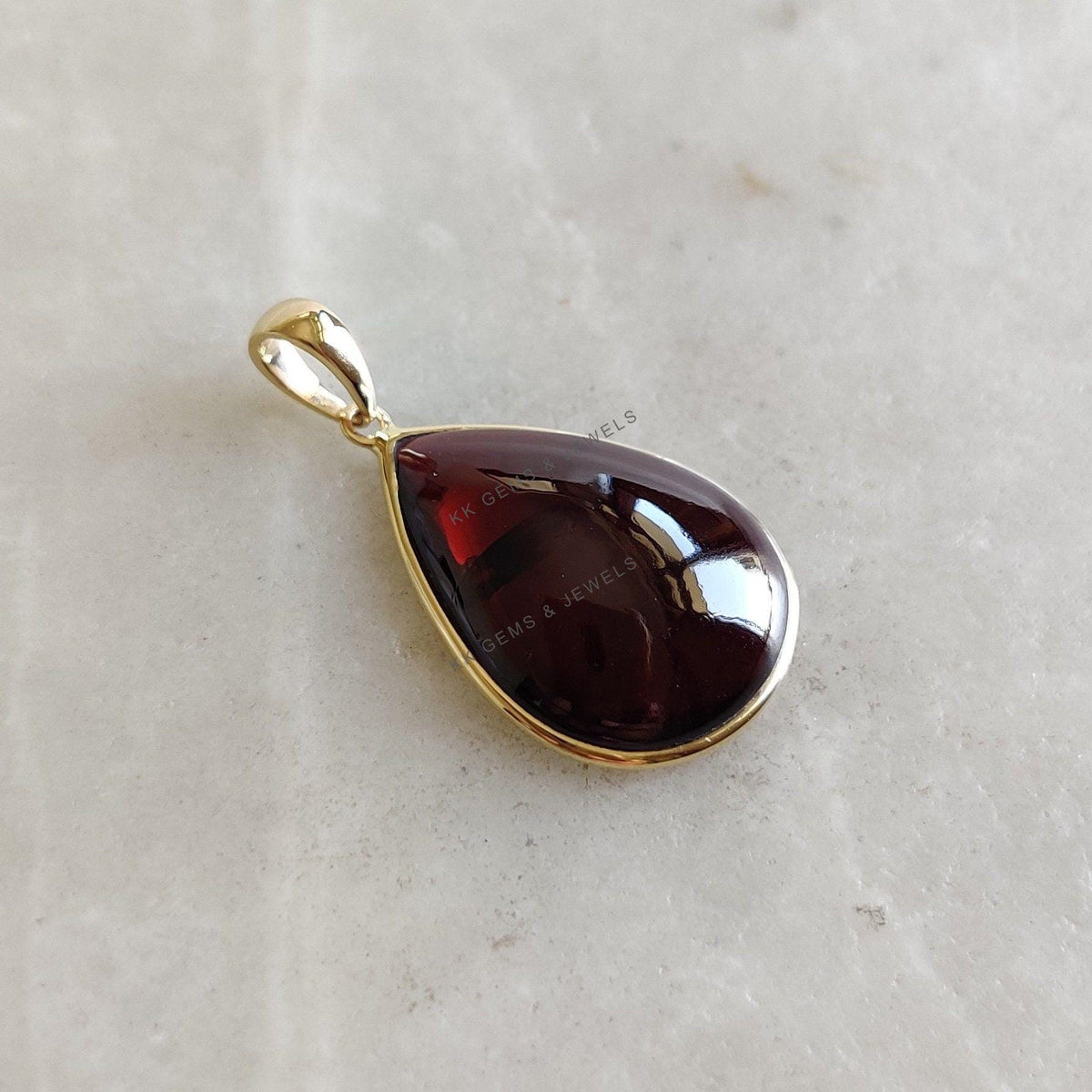 14K Solid Yellow Gold Pear Natural Garnet Bezel Pendant, January Birthstone