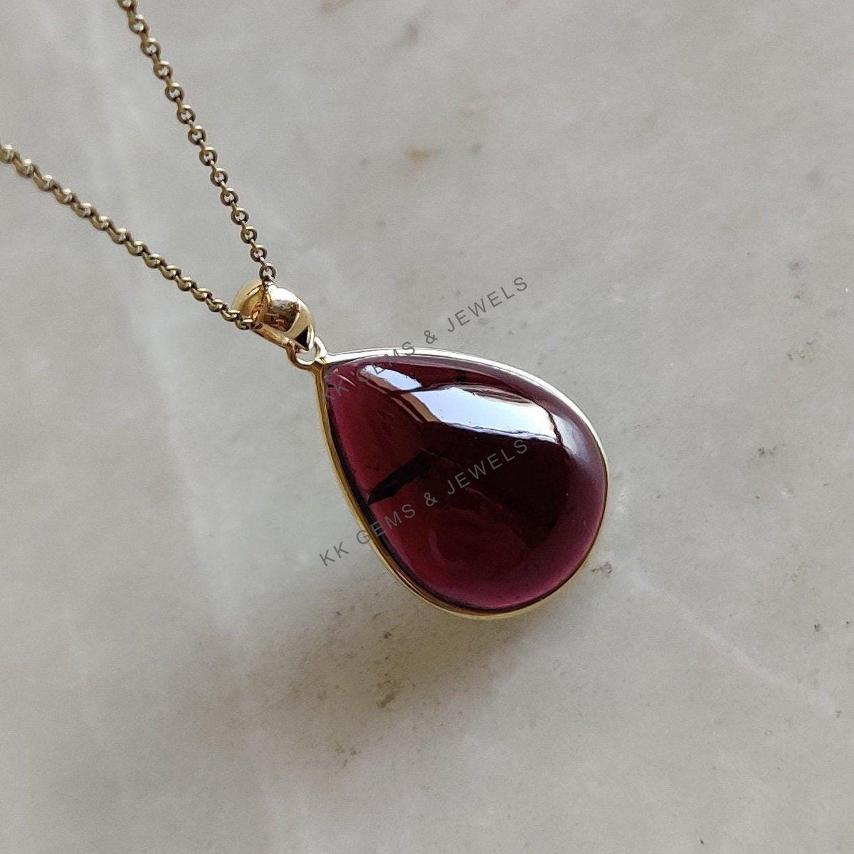 14K Solid Yellow Gold Pear Natural Garnet Bezel Pendant, January Birthstone