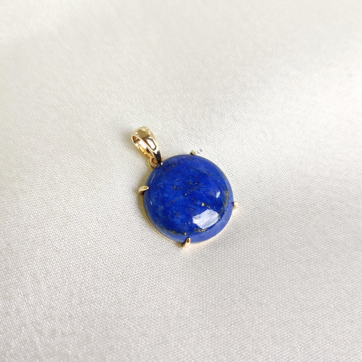 14K Solid Yellow Gold Round Natural Lapis Lazuli Pendant, September Birthstone