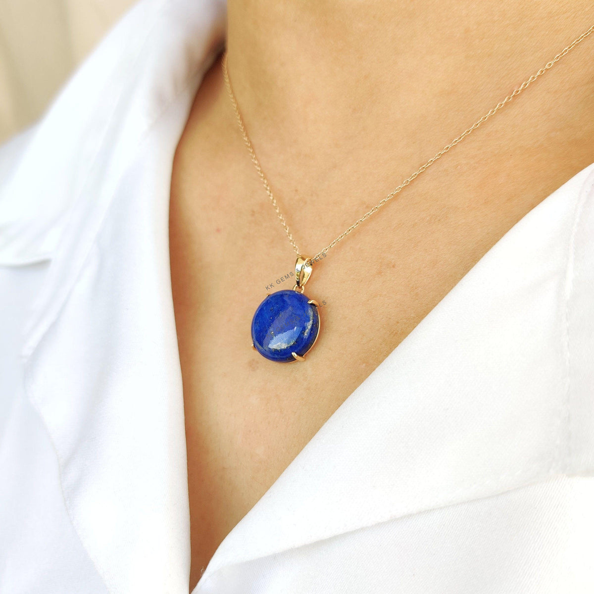 14K Solid Yellow Gold Round Natural Lapis Lazuli Pendant, September Birthstone