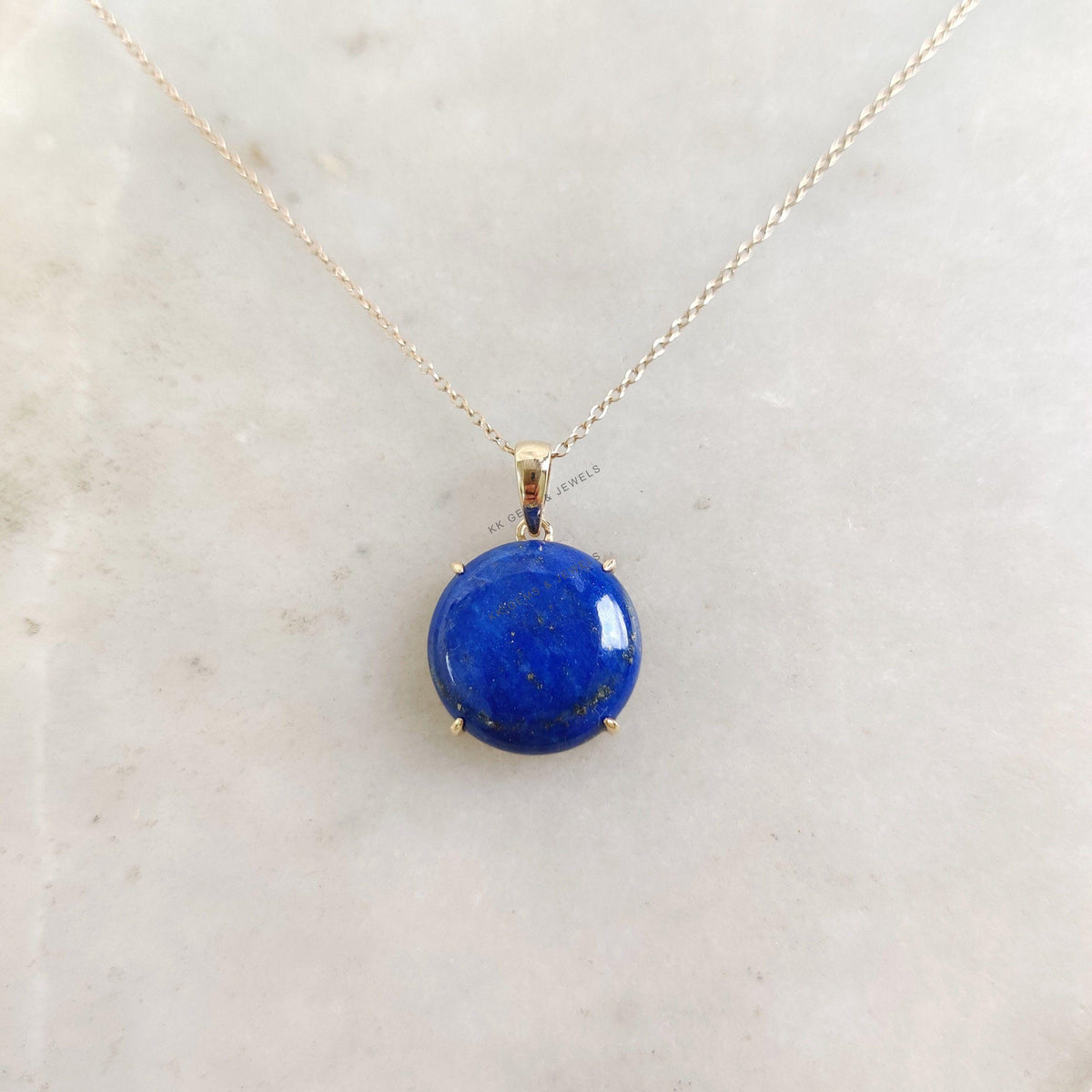 14K Solid Yellow Gold Round Natural Lapis Lazuli Pendant, September Birthstone
