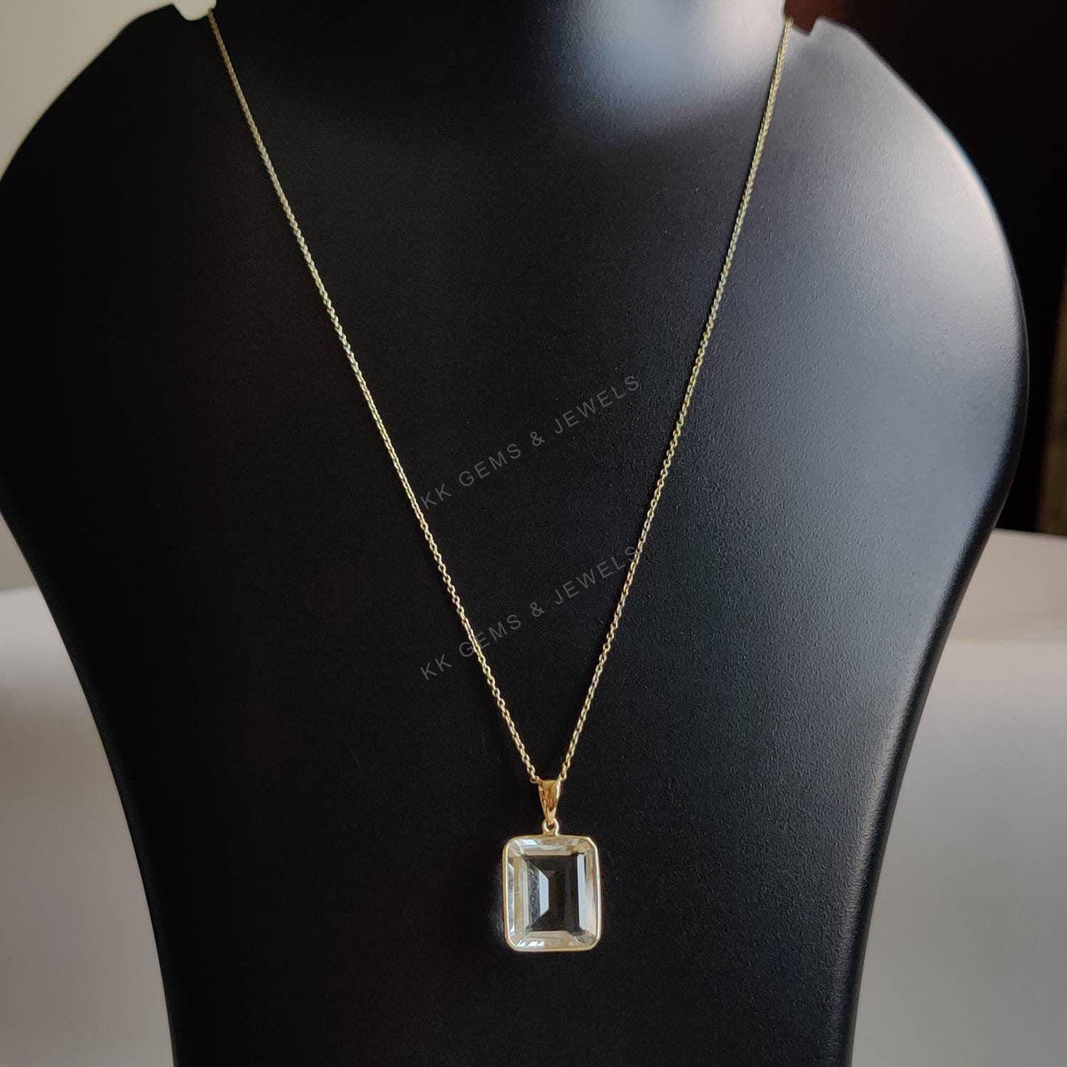 14K Solid Gold Natural Clear Quartz Bezel Pendant, April Birthstone