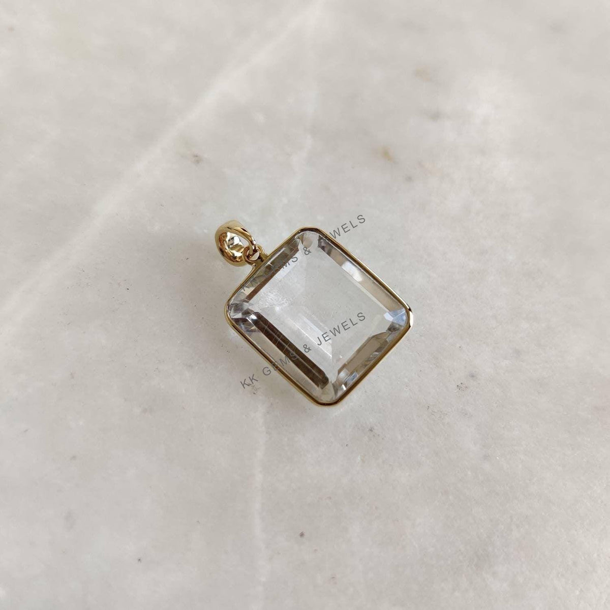 14K Solid Gold Natural Clear Quartz Bezel Pendant, April Birthstone