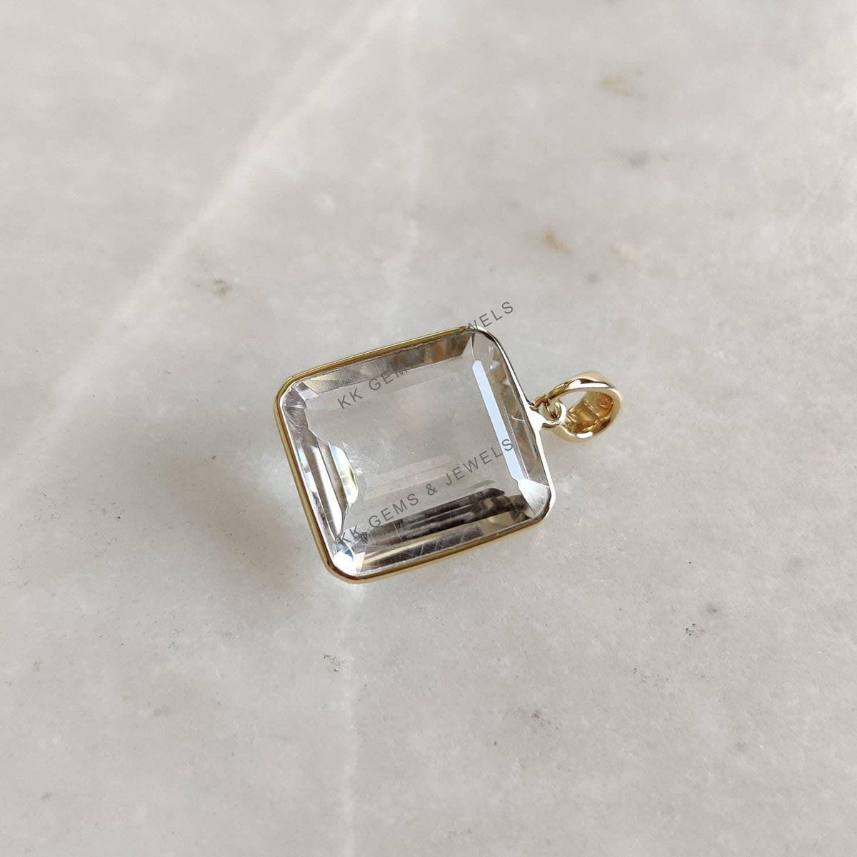 14K Solid Gold Natural Clear Quartz Bezel Pendant, April Birthstone